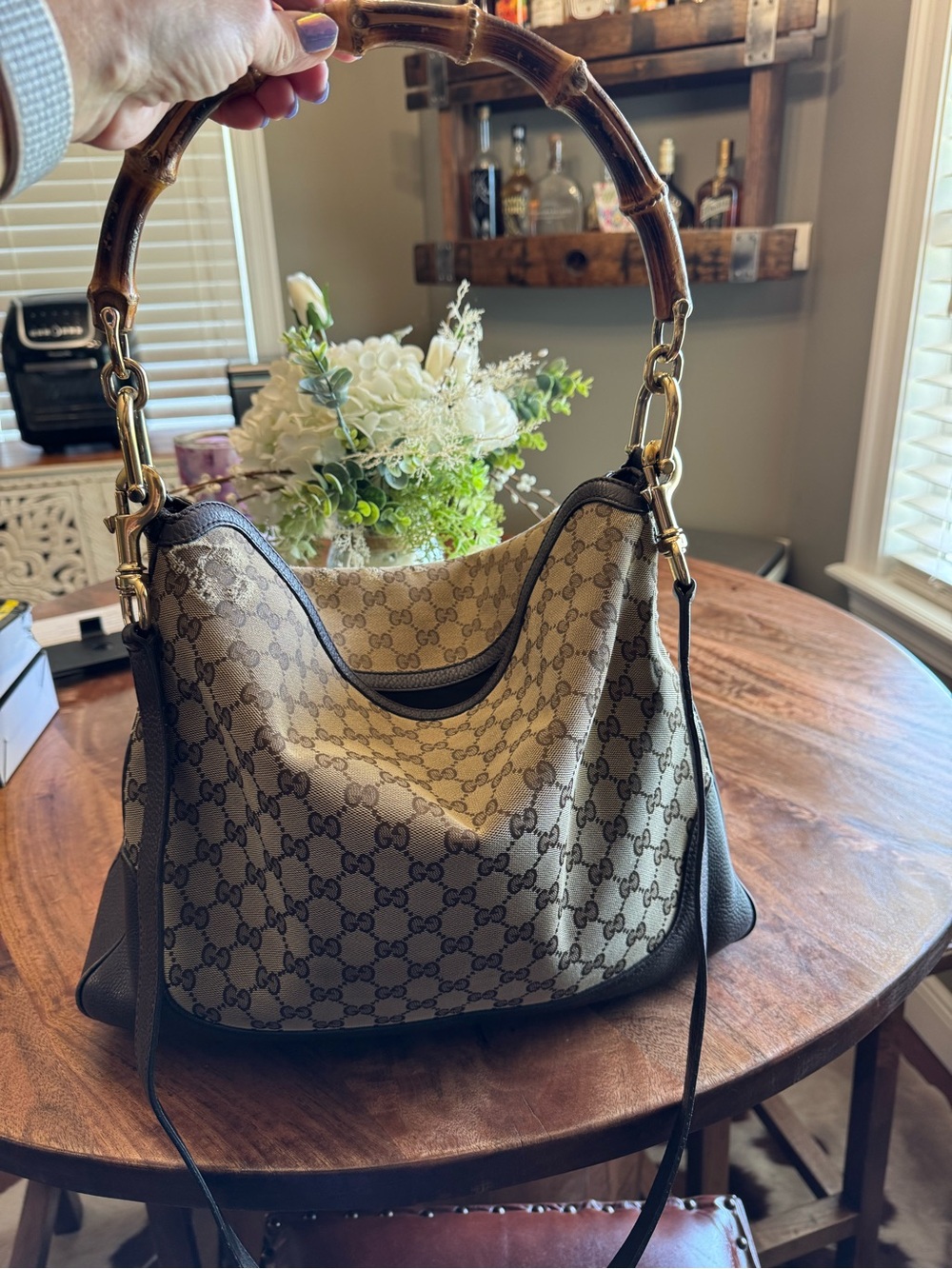 Gucci Beige GG Monogram Bamboo-Handle Shoulder Bag with Dark Brown Trim